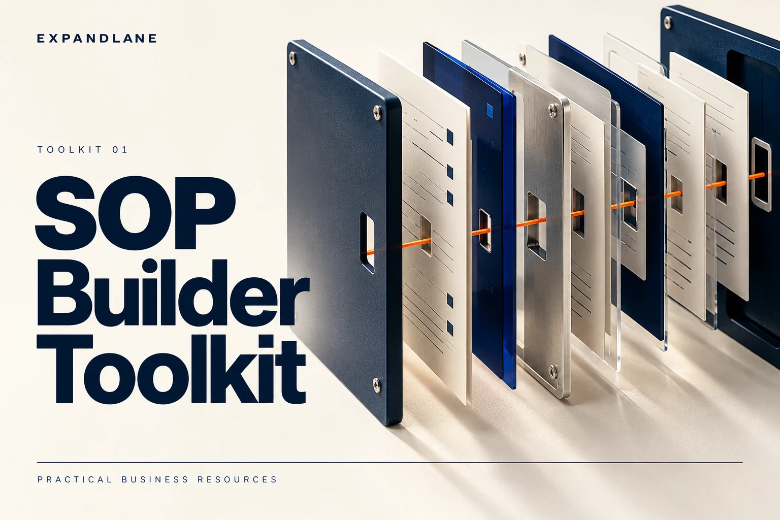 SOP Builder Toolkit cover showing an organized set of layered process folders
